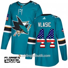 Barn Ishockey San Jose Sharks Tröja Marc-Edouard Vlasic 44 Adidas 2017-2018 Teal USA Flag Fashion Authentic